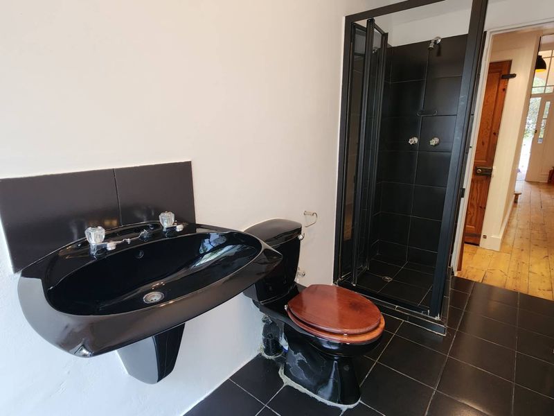 A modern bathroom featuring a black wall-mounted basin, matching toilet, and a walk-in shower enclosure with black tiled flooring.
