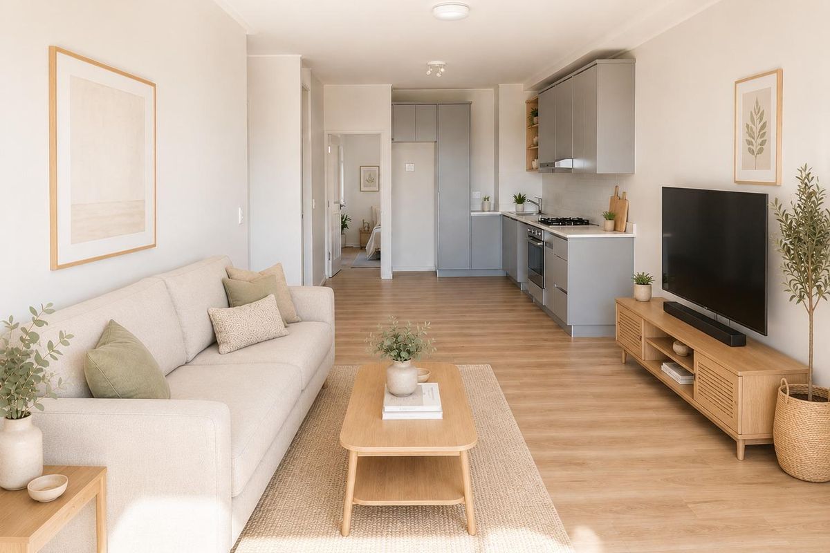 A bright open-plan living area featuring a modern kitchen with grey cabinetry, integrated appliances, and light wood-look flooring throughout.