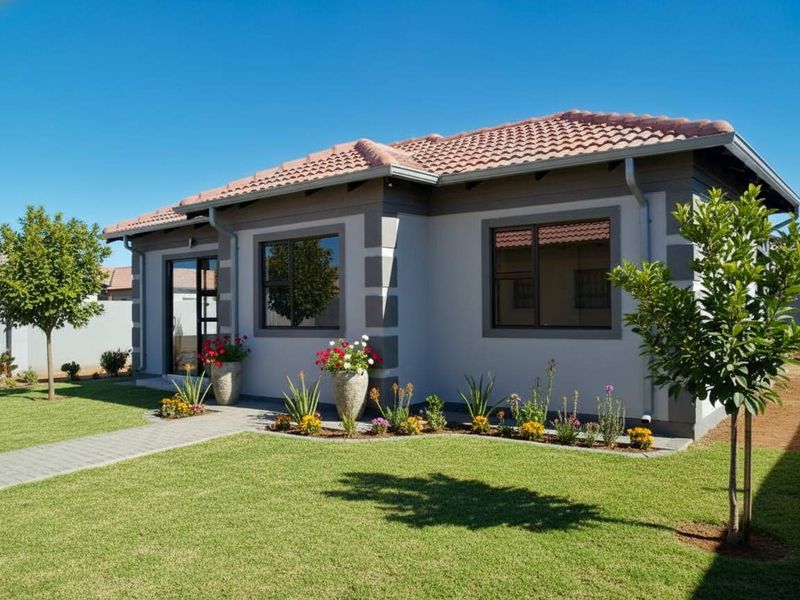 A well-maintained single-story house exterior featuring a tiled roof, modern aluminium window frames, and a neatly landscaped front garden with a paved walkway.
