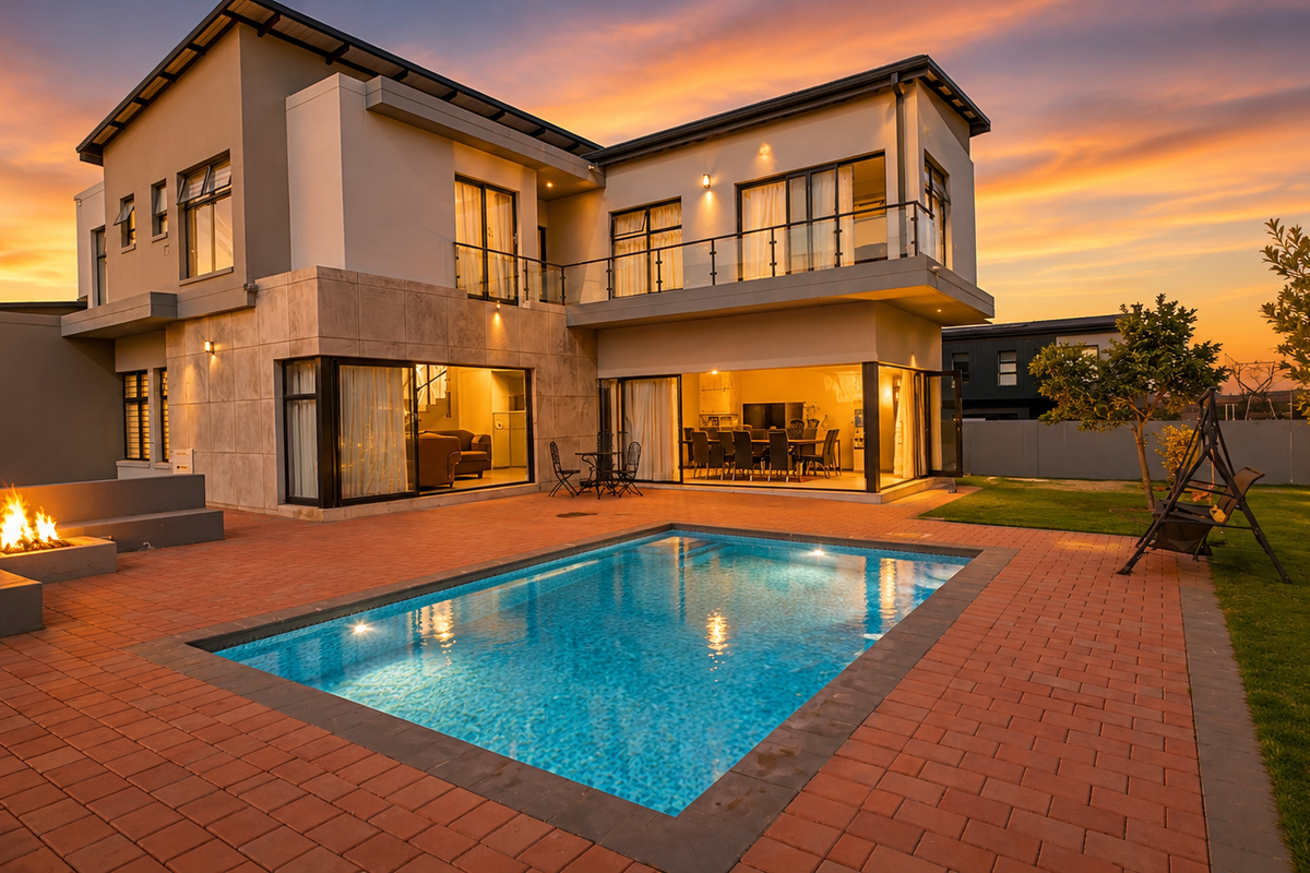 Modern double-story residence featuring a paved patio, built-in fire pit, and a swimming pool, set against a landscaped garden at sunset.