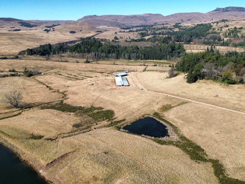 Aerial view of a large farm property featuring open grazing land, farm buildings, a dam, and scenic mountain surroundings.