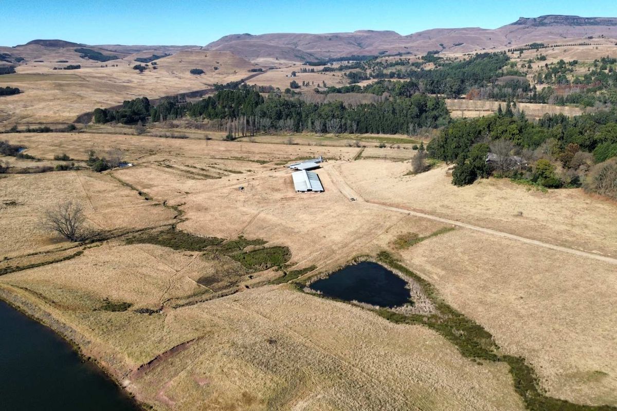 Aerial view of a large farm property featuring open grazing land, farm buildings, a dam, and scenic mountain surroundings.