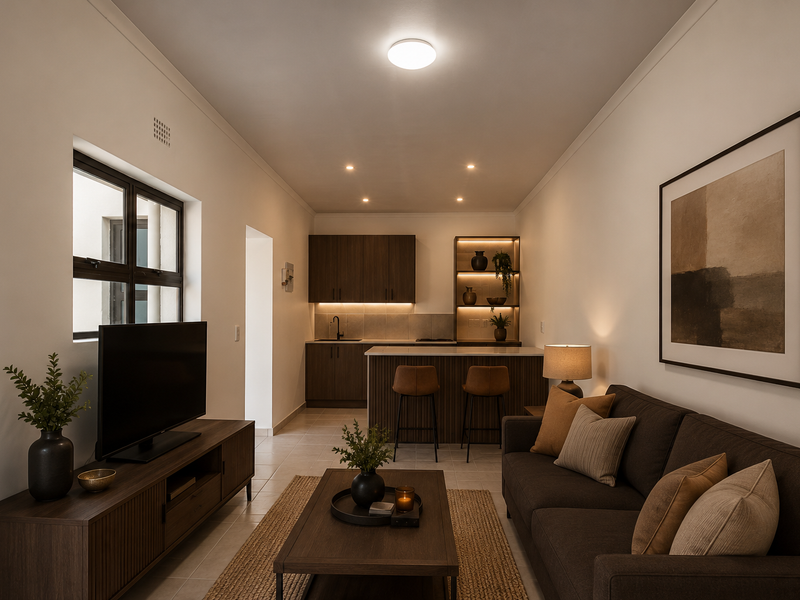 Modern open-plan living area featuring a sleek kitchen with dark wood cabinetry, an island, and integrated lighting, seamlessly flowing into the lounge space.