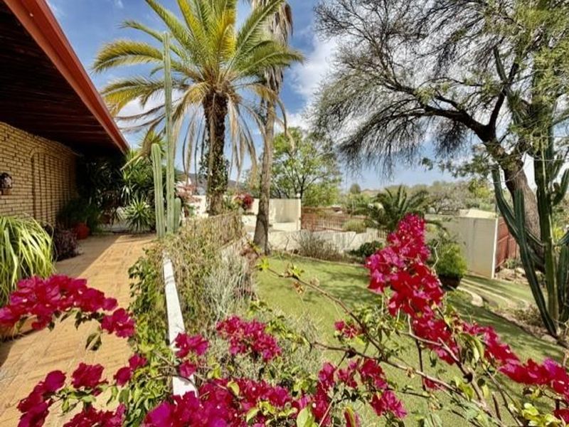 A lush garden area featuring a brick patio, established palm trees, and vibrant bougainvillea, providing a pleasant outdoor space.