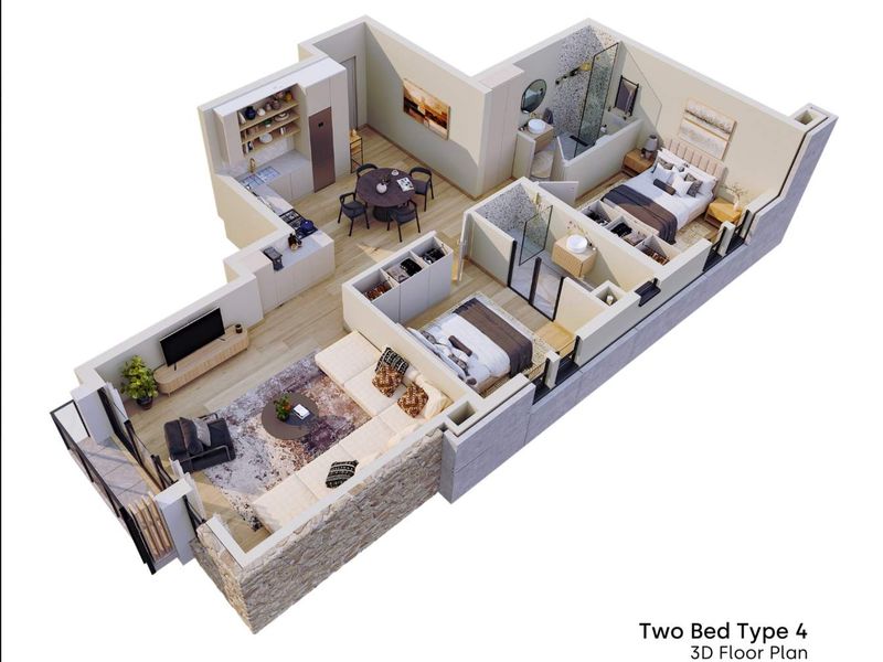 A detailed 3D floor plan for a two-bedroom apartment, showcasing the layout of the kitchen, living area, bedrooms, and bathrooms.