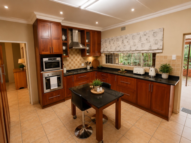 A well-maintained kitchen featuring warm wooden cabinetry, granite countertops, built-in appliances, and tiled flooring, offering a functional and classic cooking space.