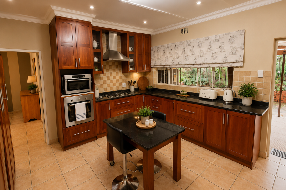 A well-maintained kitchen featuring warm wooden cabinetry, granite countertops, built-in appliances, and tiled flooring, offering a functional and classic cooking space.