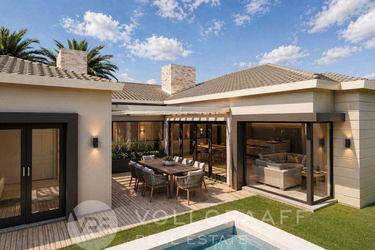 A modern rear exterior view featuring a timber deck, covered patio area, swimming pool, and large glass sliding doors connecting to the interior living space.