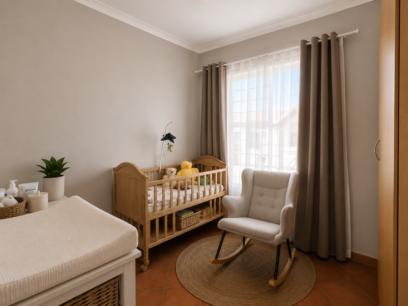 A well-maintained bedroom featuring neutral wall tones, tiled flooring, and a built-in wardrobe, offering a clean and functional space.