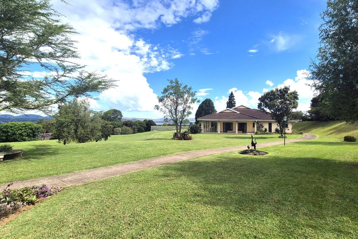 A wide-angle view of a well-maintained property exterior featuring a paved walkway leading to a house with a covered patio and expansive lawn.