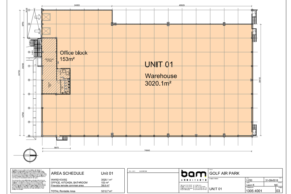 Architectural floor plan for Unit 01 at Golf Air Park, detailing the warehouse, office block, kitchen, and bathroom layout with area measurements.