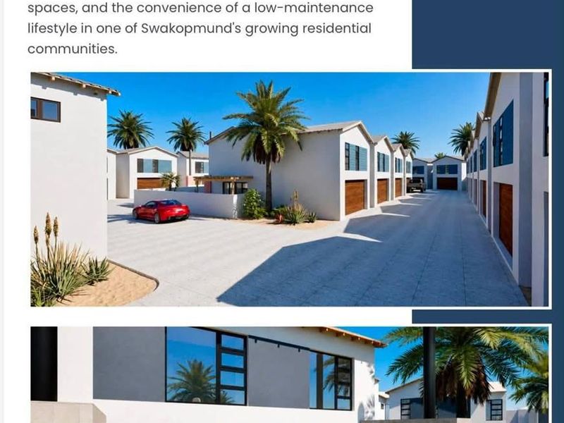 A modern townhouse exterior featuring a private patio with a built-in braai, pergola, and contemporary architectural finishes.