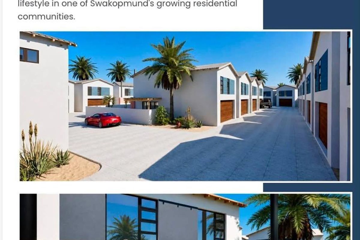 A modern townhouse exterior featuring a private patio with a built-in braai, pergola, and contemporary architectural finishes.