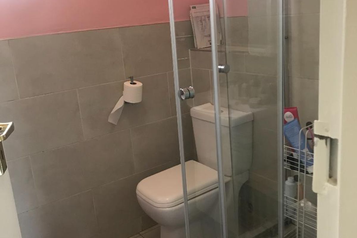 A compact bathroom featuring a glass-enclosed shower, a standard toilet, and neutral wall tiling with a pink upper wall finish.