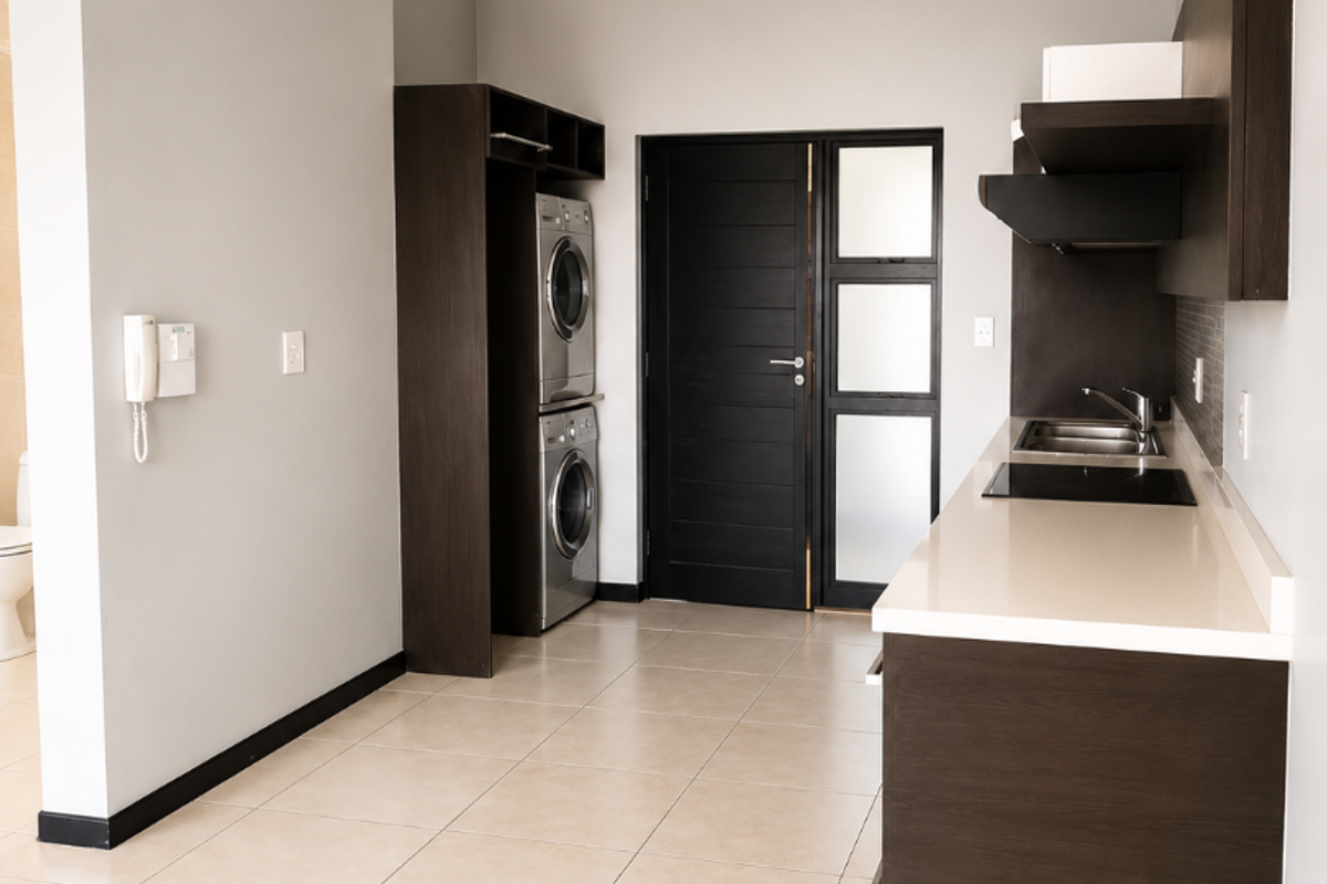 Modern kitchen featuring dark wood cabinetry, stone countertops, integrated hob, and tiled flooring, with a dedicated space for laundry appliances.