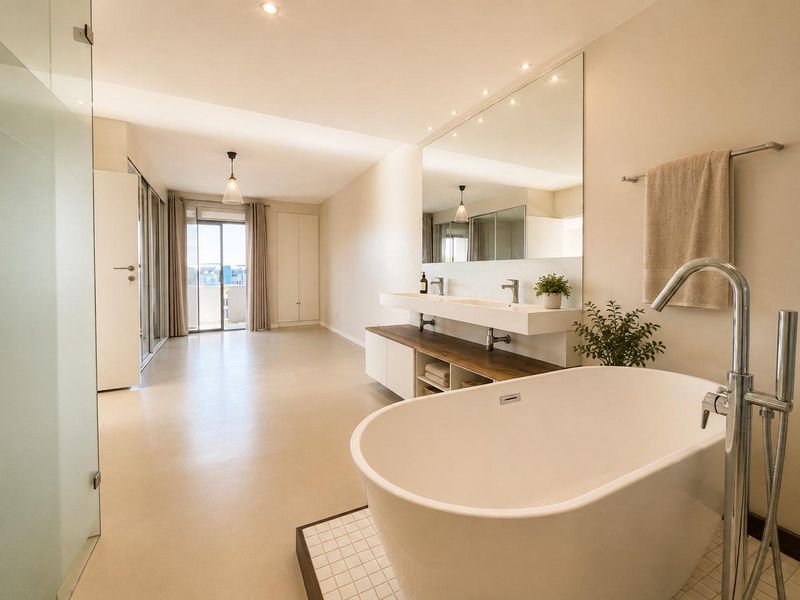 Modern open-plan bathroom featuring a freestanding bathtub, double vanity with integrated storage, large mirror, and direct access to a private balcony.