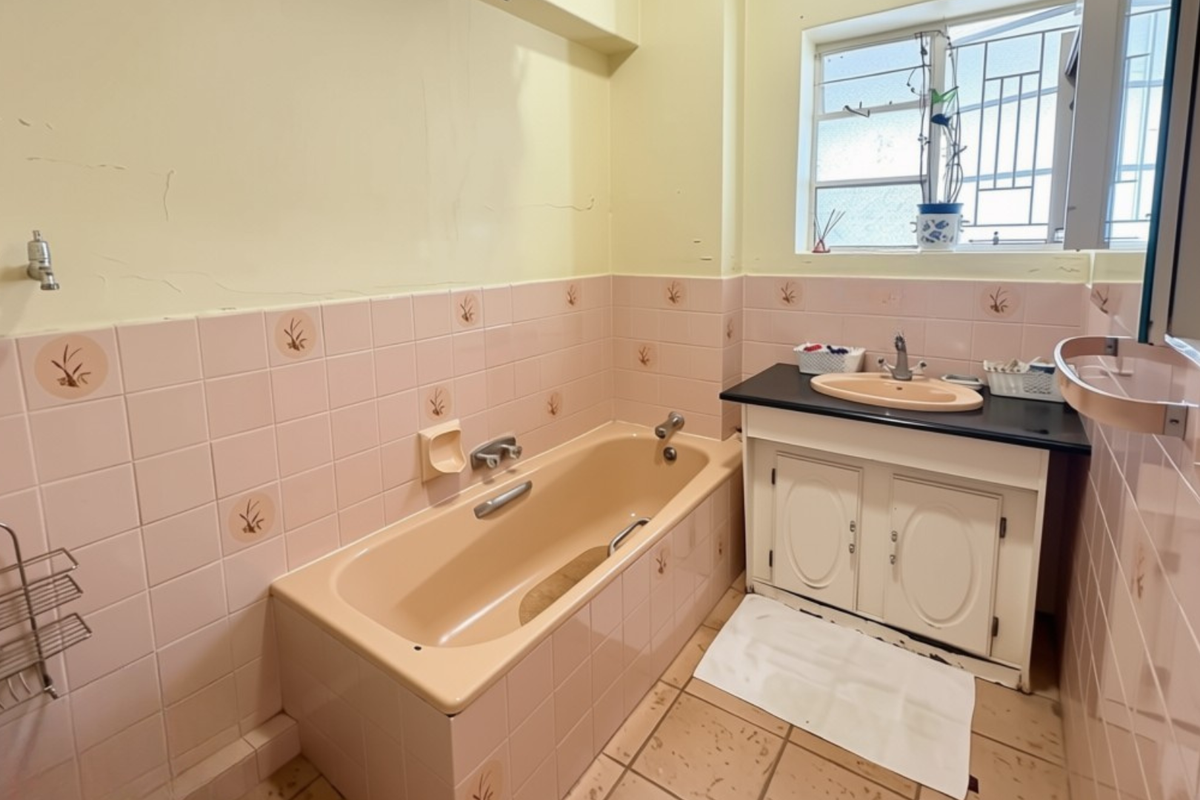 A dated bathroom featuring a built-in bathtub, vanity cabinet with sink, and tiled finishes, requiring cosmetic updates and wall repairs.