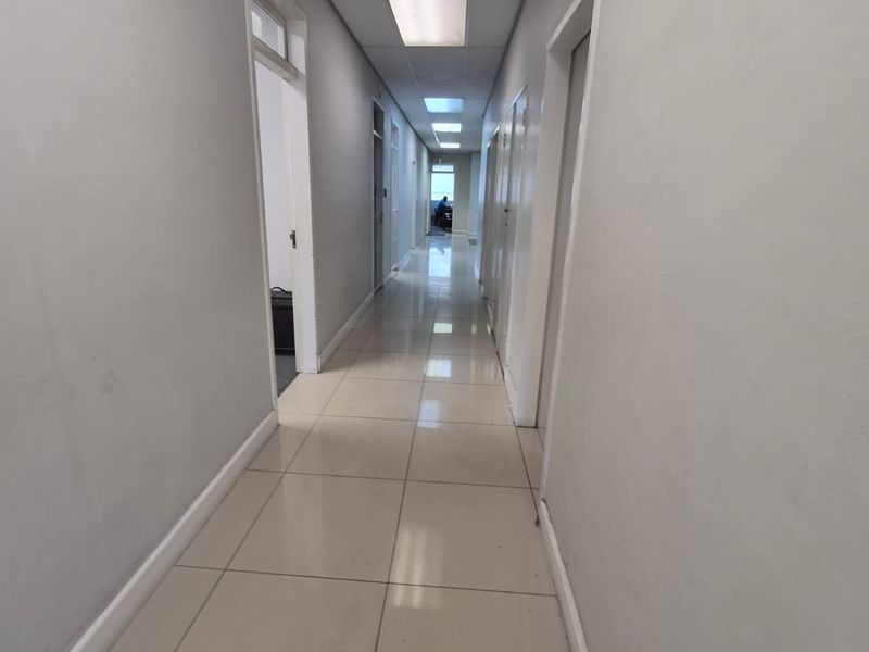 A clean, functional office hallway featuring tiled flooring, a suspended ceiling with recessed lighting, and multiple access points to adjacent office spaces.