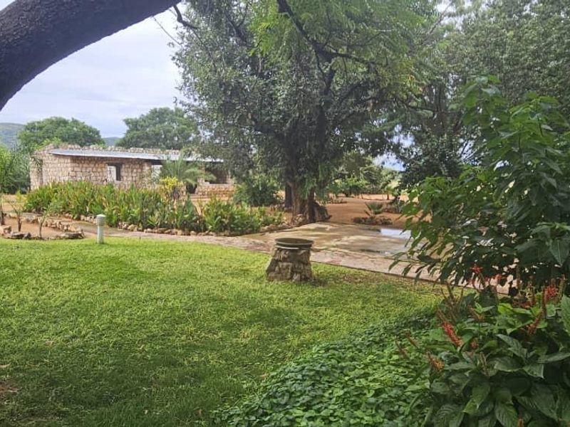 A spacious garden area featuring mature trees, a paved walkway, and a stone masonry building in the background.