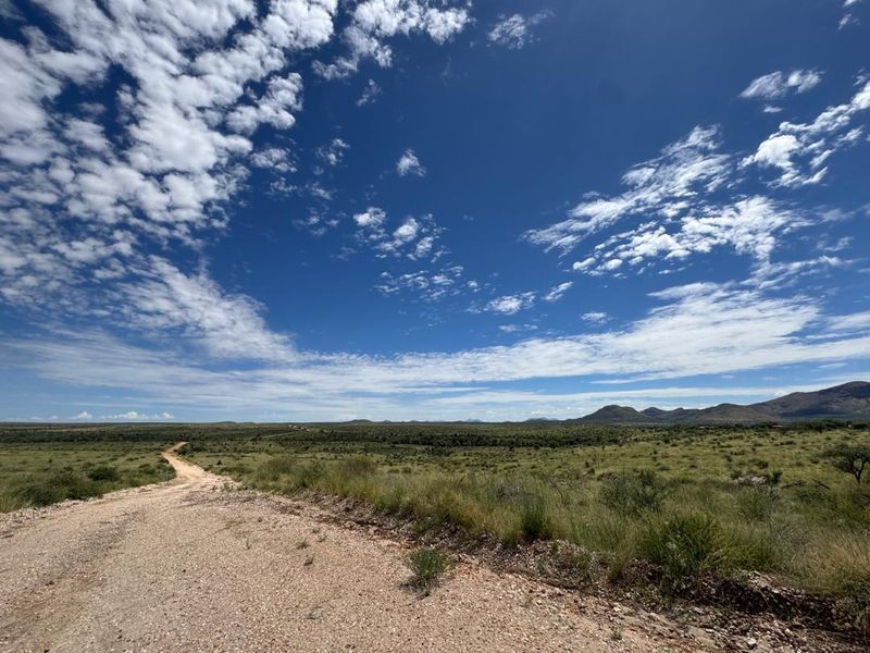 A wide-angle view of the expansive farm landscape featuring a gravel access road stretching into the horizon under a clear blue sky.