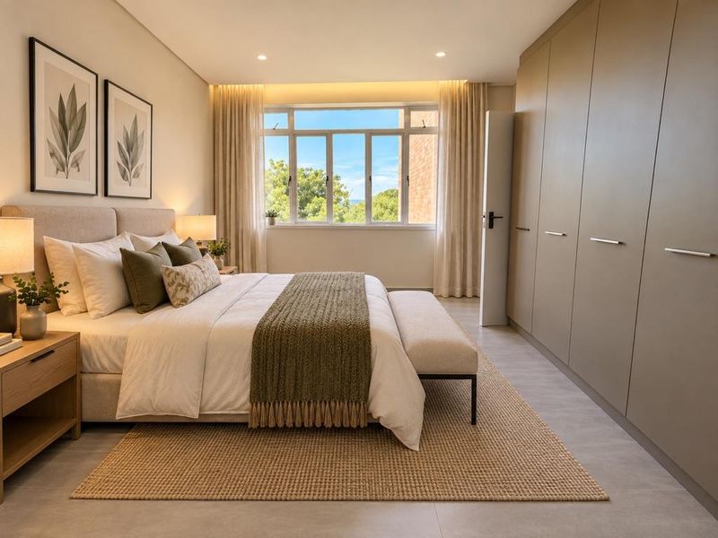 A well-appointed bedroom featuring extensive built-in cupboards, neutral tiled flooring, recessed lighting, and a large window providing natural light.