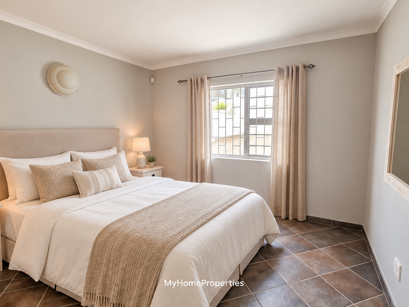 A well-maintained bedroom featuring neutral wall tones, tiled flooring, and a window fitted with security bars.