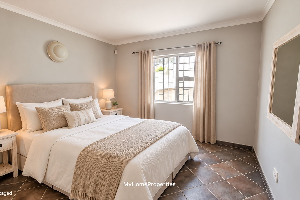 A well-maintained bedroom featuring neutral wall tones, tiled flooring, and a window fitted with security bars.