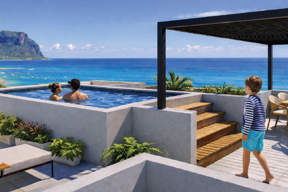 Luxury penthouse terrace featuring an infinity pool, timber decking, and a pergola with panoramic ocean and mountain views.