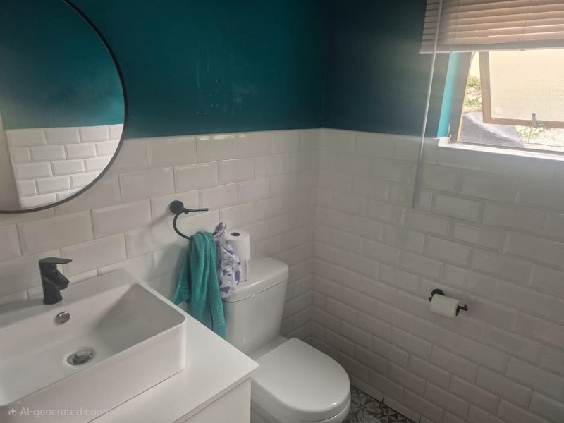 A modern bathroom featuring white subway tile walls, a vessel sink vanity, and a toilet, accented with a bold teal wall finish.