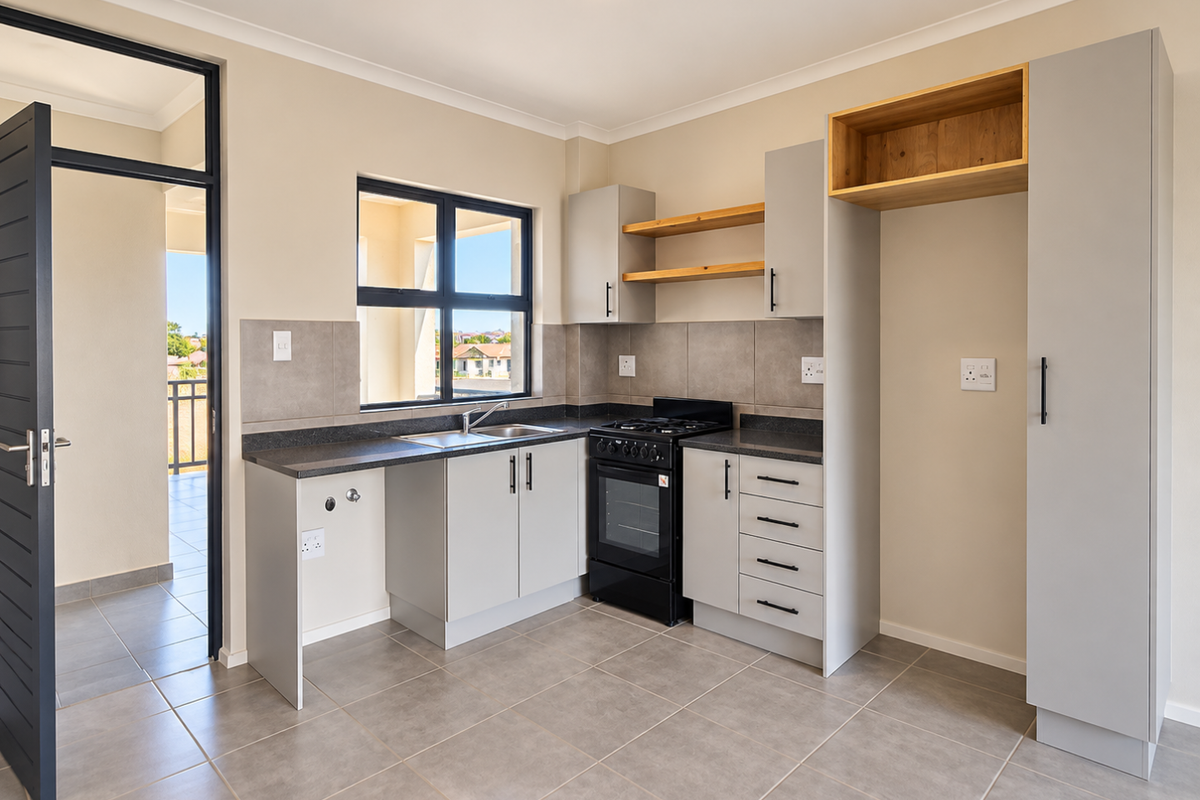 Modern kitchen featuring light grey cabinetry, stone countertops, open shelving, and a freestanding stove, with direct access to an outdoor balcony area.