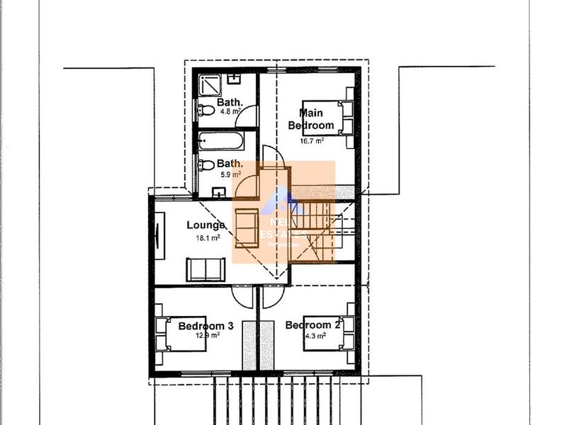 Architectural floor plan showing the first floor layout, including three bedrooms, two bathrooms, and a lounge area.