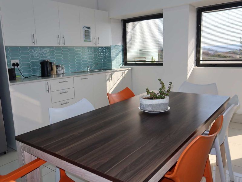 A bright open-plan office kitchen area featuring modern white cabinetry, a blue tiled backsplash, and large windows with venetian blinds.