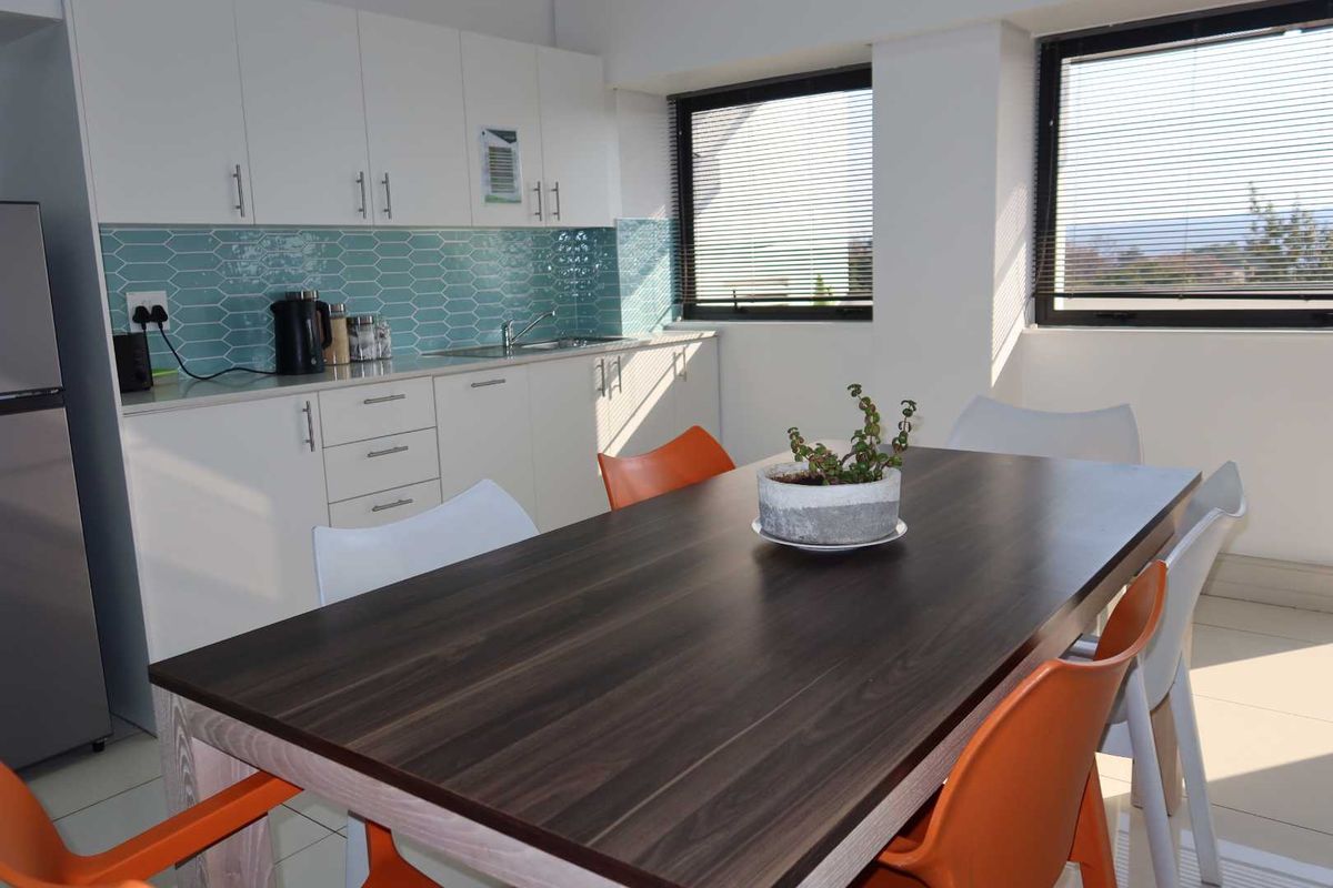 A bright open-plan office kitchen area featuring modern white cabinetry, a blue tiled backsplash, and large windows with venetian blinds.