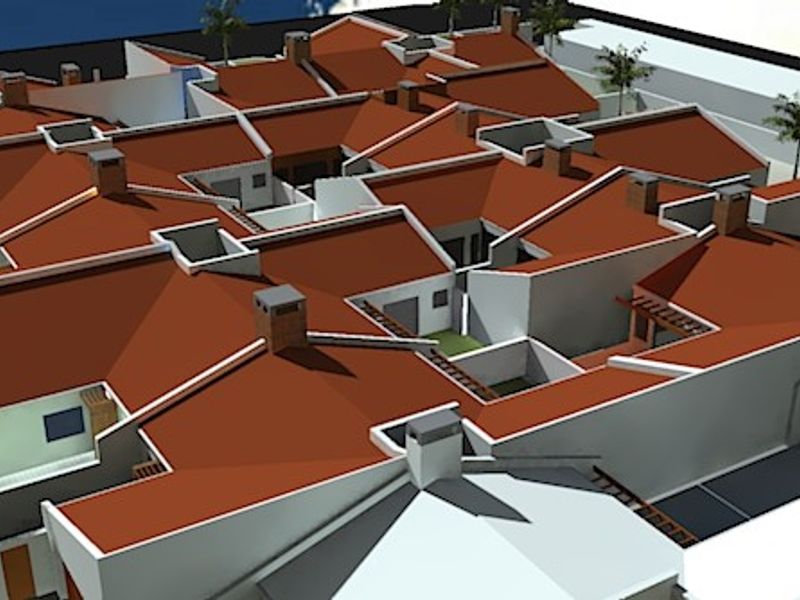 An aerial 3D architectural rendering showing the layout and roof structure of a townhouse complex.