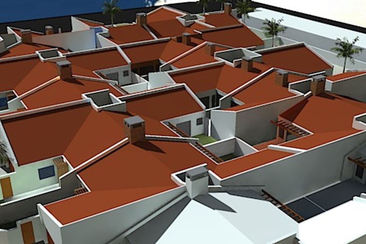 An aerial 3D architectural rendering showing the layout and roof structure of a townhouse complex.