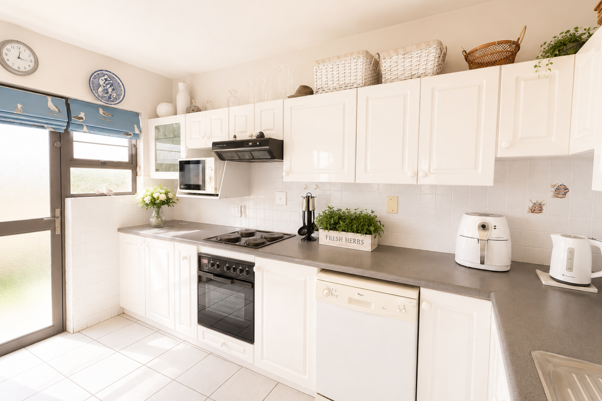 A functional kitchen featuring white cabinetry, a built-in oven, electric hob, extractor fan, and tiled flooring with direct access to an exterior door.