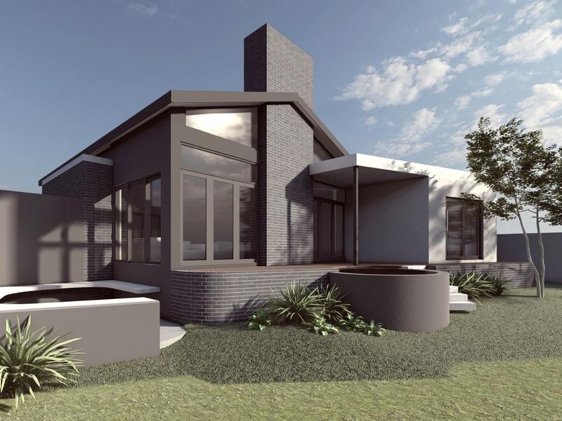 A modern architectural rendering of a rear exterior facade featuring brick construction, large windows, a covered patio, and integrated outdoor water features.