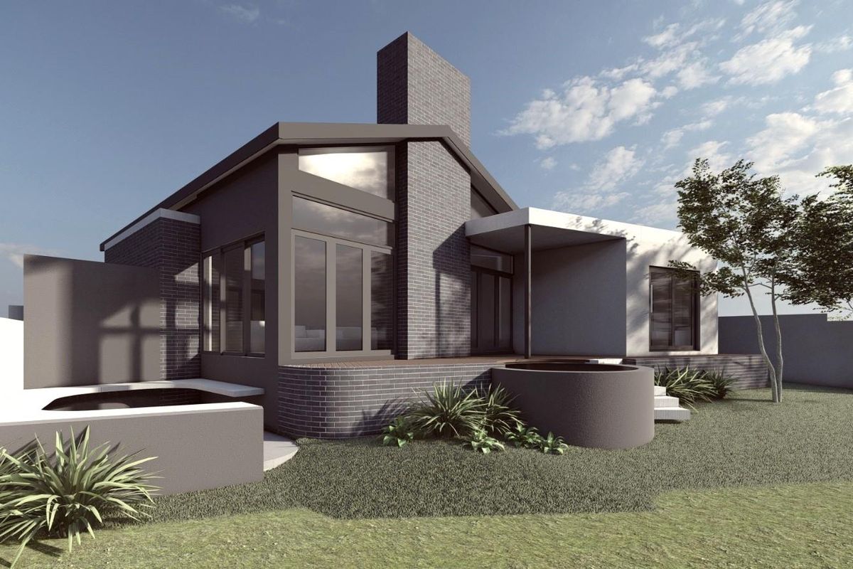 A modern architectural rendering of a rear exterior facade featuring brick construction, large windows, a covered patio, and integrated outdoor water features.