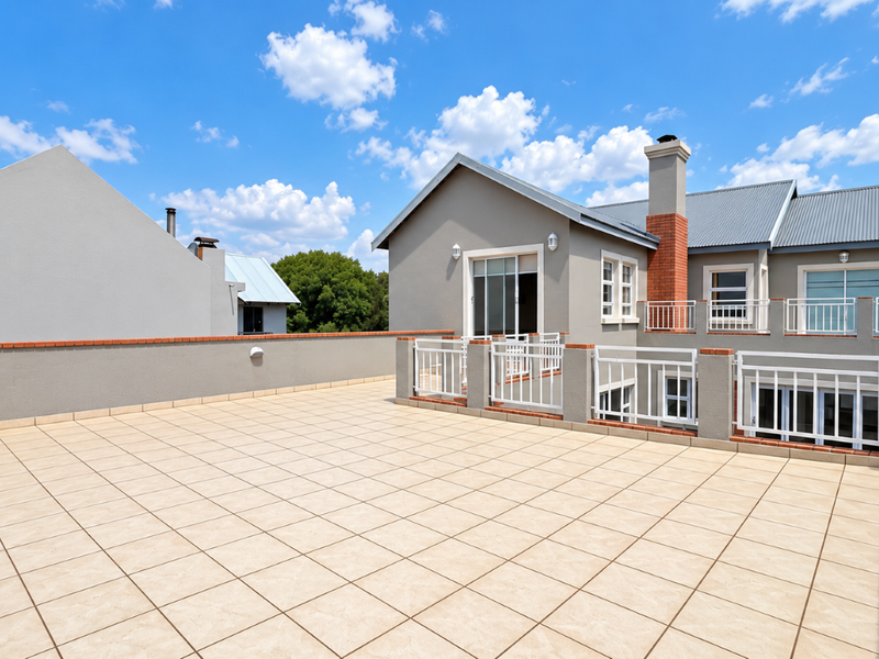A spacious, well-maintained rooftop terrace featuring tiled flooring, secure metal balustrades, and brick-capped parapet walls, offering an expansive outdoor living area.
