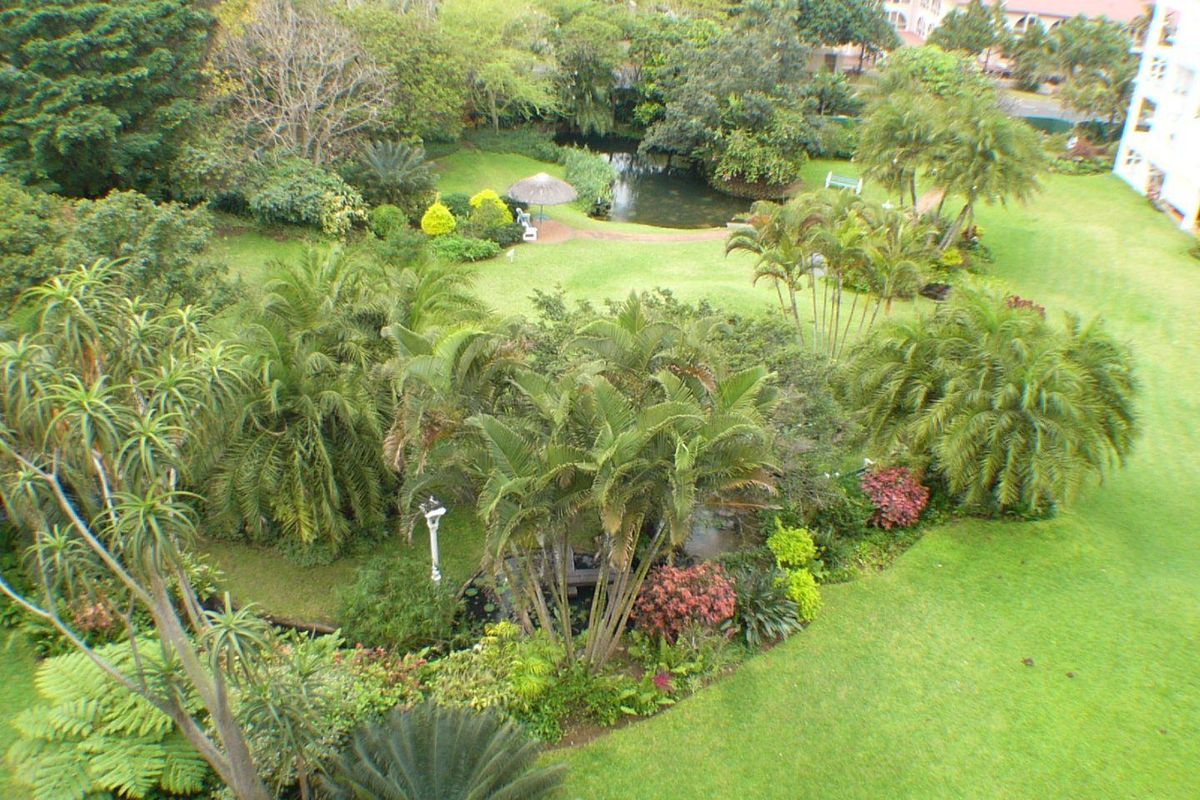 An elevated aerial view of a lush, well-maintained communal garden featuring mature palm trees, landscaped greenery, and a small pond.