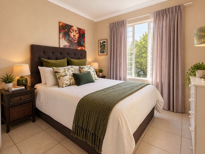 A well-maintained bedroom featuring neutral wall tones, tiled flooring, and a window with security bars, offering a comfortable and bright living space.