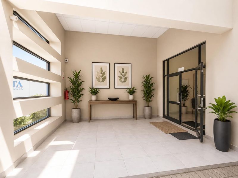 A bright and modern commercial entrance foyer featuring tiled flooring, recessed windows, and a glass-paneled door leading into the building.