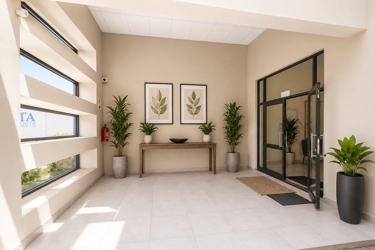 A bright and modern commercial entrance foyer featuring tiled flooring, recessed windows, and a glass-paneled door leading into the building.