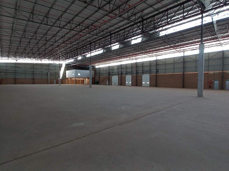 Expansive industrial warehouse space featuring high ceilings with exposed steel trusses, concrete flooring, and multiple roller shutter doors for efficient logistics access.
