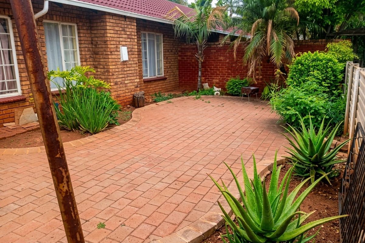 A private rear courtyard featuring brick paving, established garden beds, and a brick boundary wall, providing a low-maintenance outdoor living space.
