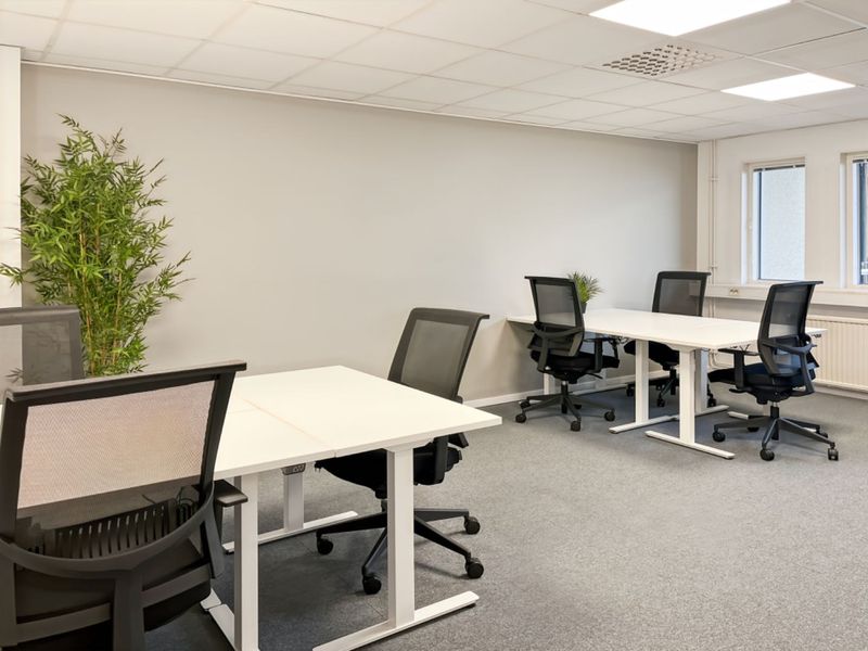 A bright, professional office space featuring carpeted flooring, a suspended ceiling with recessed lighting, and integrated heating radiators.