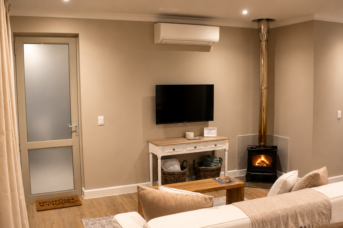 A well-maintained living room featuring a modern freestanding fireplace, wall-mounted air conditioning, and a frosted glass exterior door with laminate flooring.