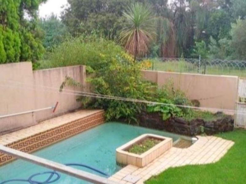 Outdoor pool area featuring a swimming pool with a raised planter box, paved surround, and perimeter boundary wall set within a garden space.