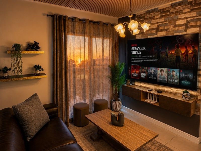 Cozy living room featuring a slatted timber ceiling, feature wall cladding, and a floating media console, with direct access to a balcony.
