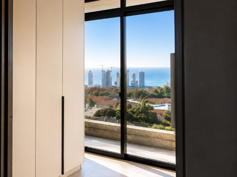 A bright bedroom featuring floor-to-ceiling built-in wardrobes, tiled flooring, and a large sliding glass door opening to a balcony with expansive coastal city views.
